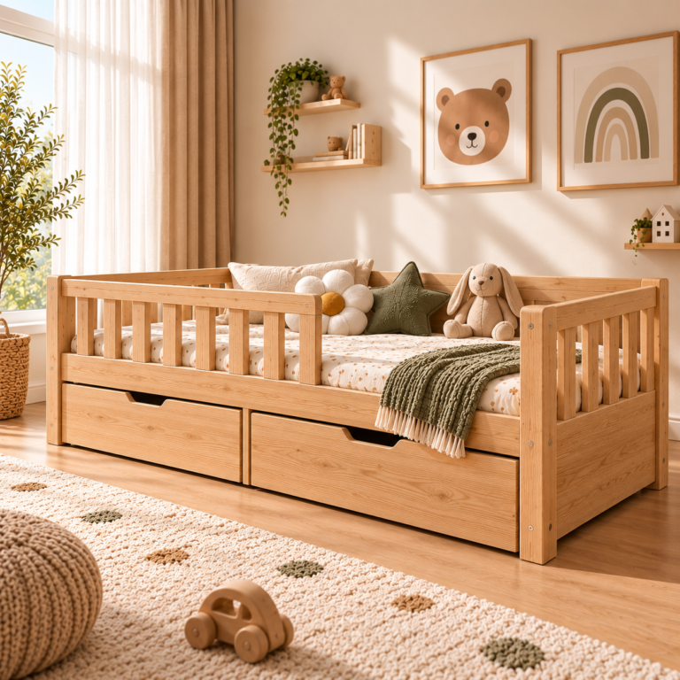 Çift Çekmeceli Ahşap Yatak – Naturel